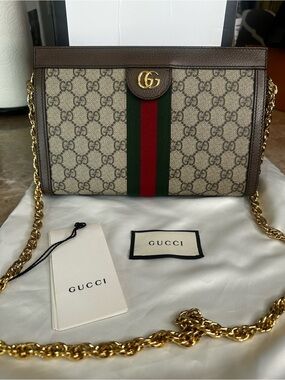 Gucci Brown GG Canvas Crossbody with Green-Red Web and Gold Chain
